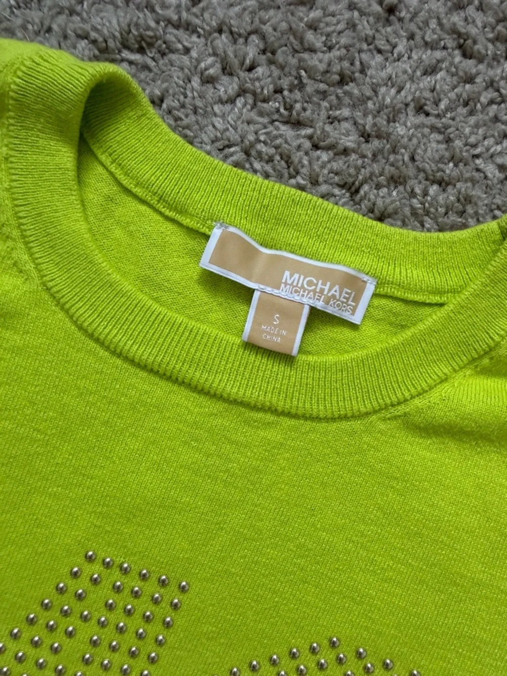 Michael Kors Neon Lime Short Sleeve Knit Top with Studded MK